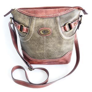 BOC Born Concept Olive Green Brown Faux Vegan Leather Crossbody Boho Saddle‎ Bag